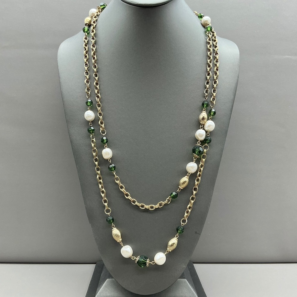 Long Layered Faux Pearl and Green Crystal Station Necklace Women Gold Tone Chain